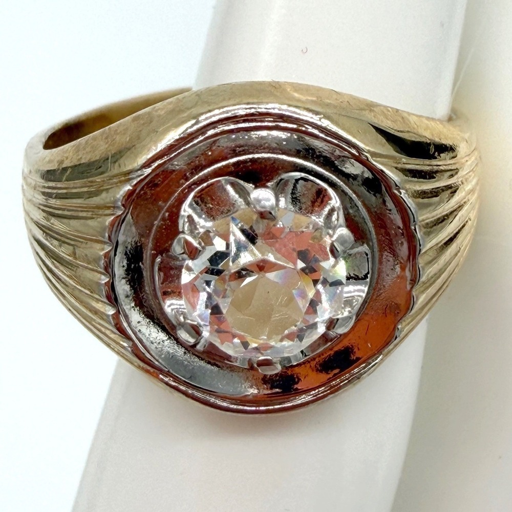 Vintage Men's Ring Size 10.5 18K Gold Plated Clear Stone Retro Style Bold